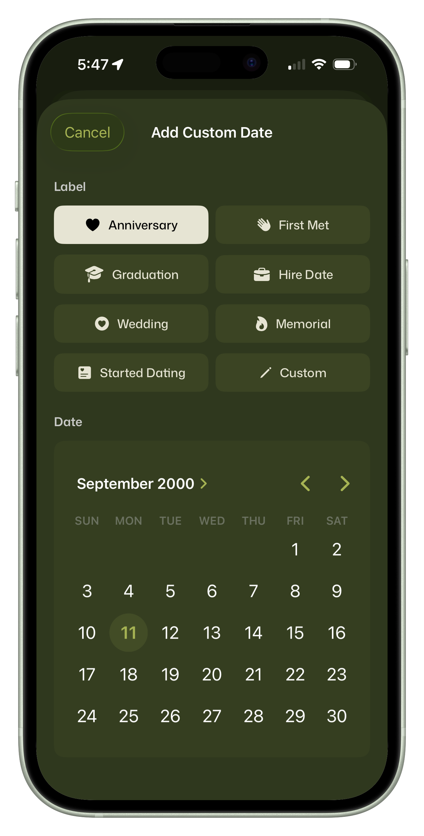 Dates feature screenshot